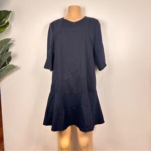 H&M Pinstripe Drop Waist Dress Sz M Navy Blue Career Short Sleeves